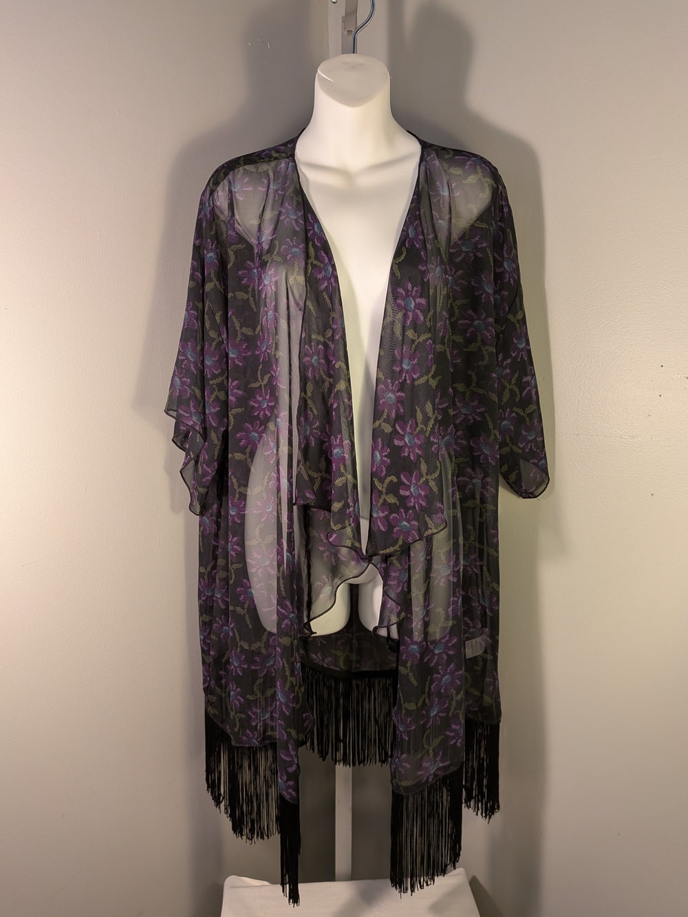 NWT LuLaRoe Women's Floral Fringe Chiffon Kimono Black/Purple L